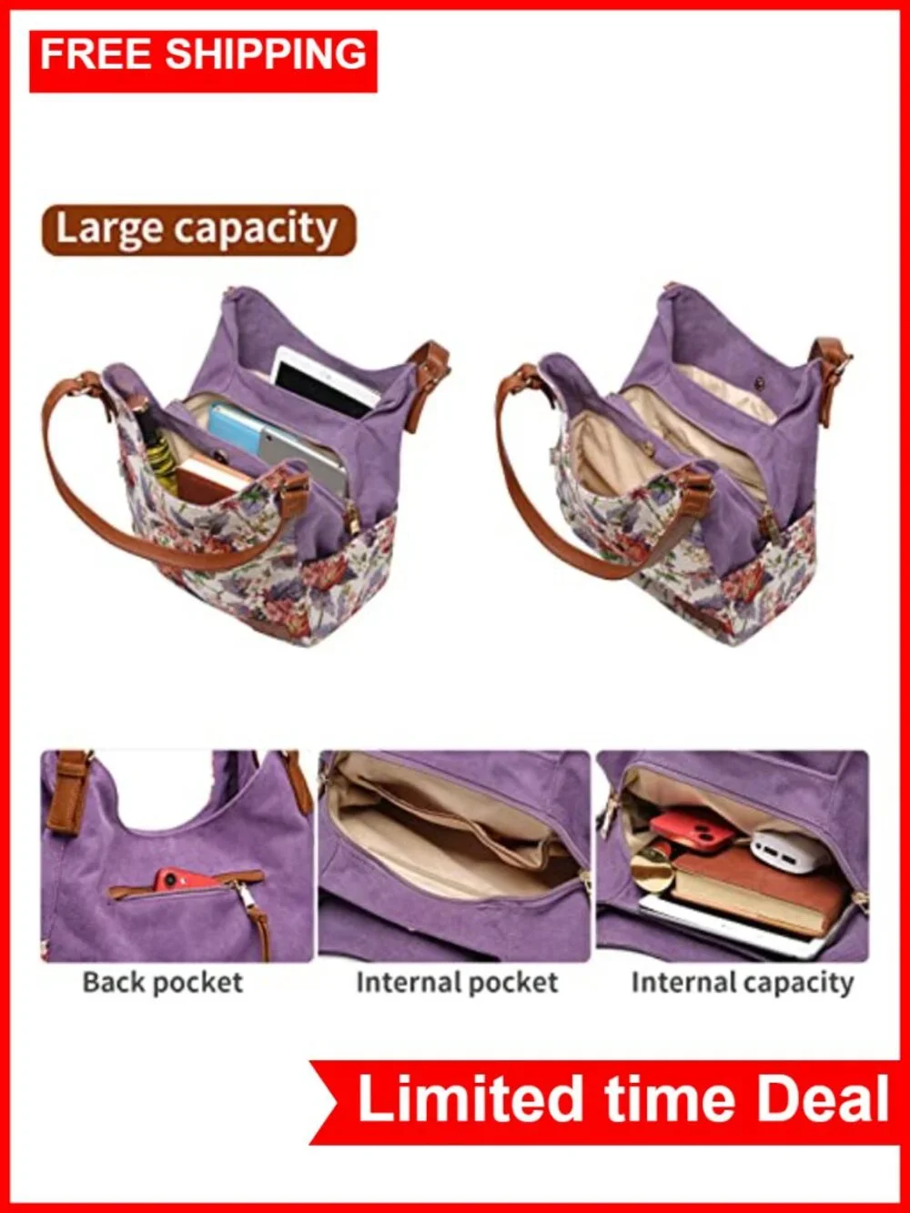Canvas Hobo Purse Multi Pocket Tote Shopper Shoulder Bag Embroidery Ethnic